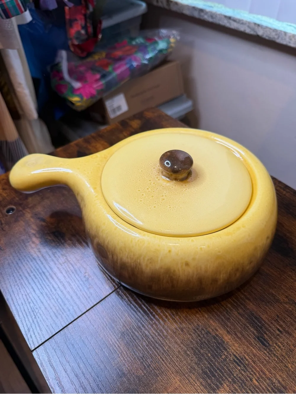 Hull Pottery yellow and brown drip glaze handled casserole dish 10.5 inch